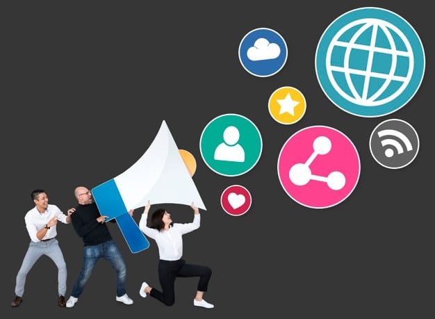 Megaphone surrounded by social media and digital marketing icons